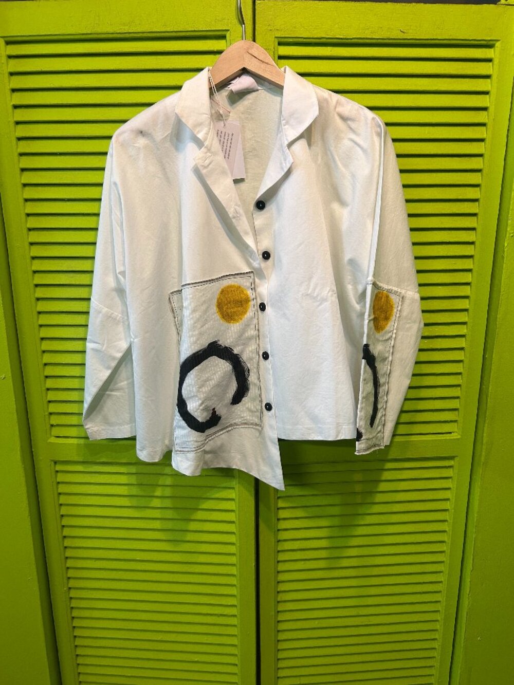M Square White Artistic Button Up Blouse Med/Large Abstract Art Tunic Top